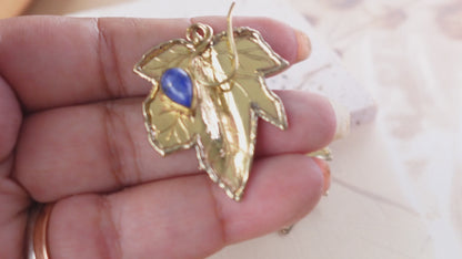 Brass Leaf Dangle Earrings - Nature-Inspired Brass Leaves with Blue Lapis/Labradorite Accents.