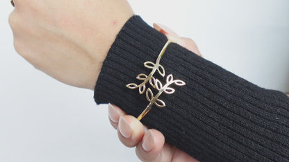 Leaf Motif Brass Adjustable Bracelet - Open cuff bracelet with a delicate leaf design—lightweight and nature-inspired.