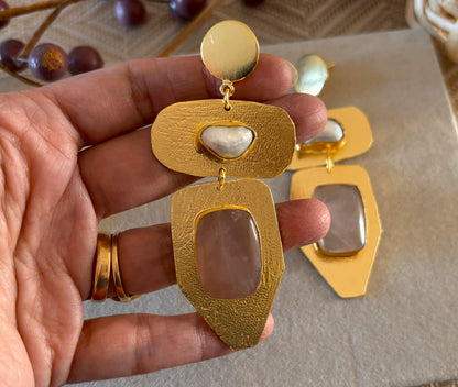 Geometric Drop Earrings – 18K Gold-Plated Brass with Natural Gemstones.