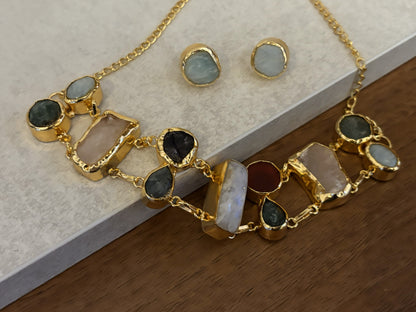 Handcrafted Gold-Plated Natural Stone Choker Set | Artisan Boho Necklace & Stud Earrings.