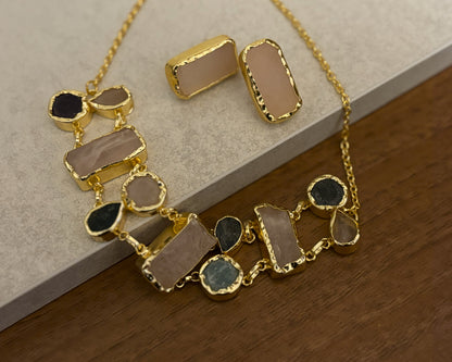 Handcrafted Gold-Plated Natural Stone Choker Set | Artisan Boho Necklace & Stud Earrings.