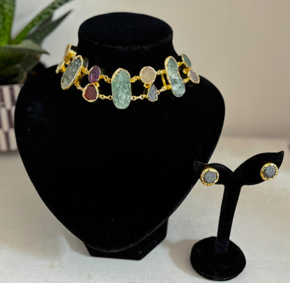 Handcrafted Gold-Plated Natural Stone Choker Set | Artisan Boho Necklace & Stud Earrings