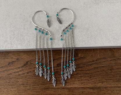Boho Feather Chain Ear Cuff Earrings – Brass/Silver Statement Earrings
