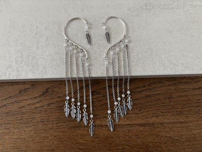 Boho Feather Chain Ear Cuff Earrings – Brass/Silver Statement Earrings