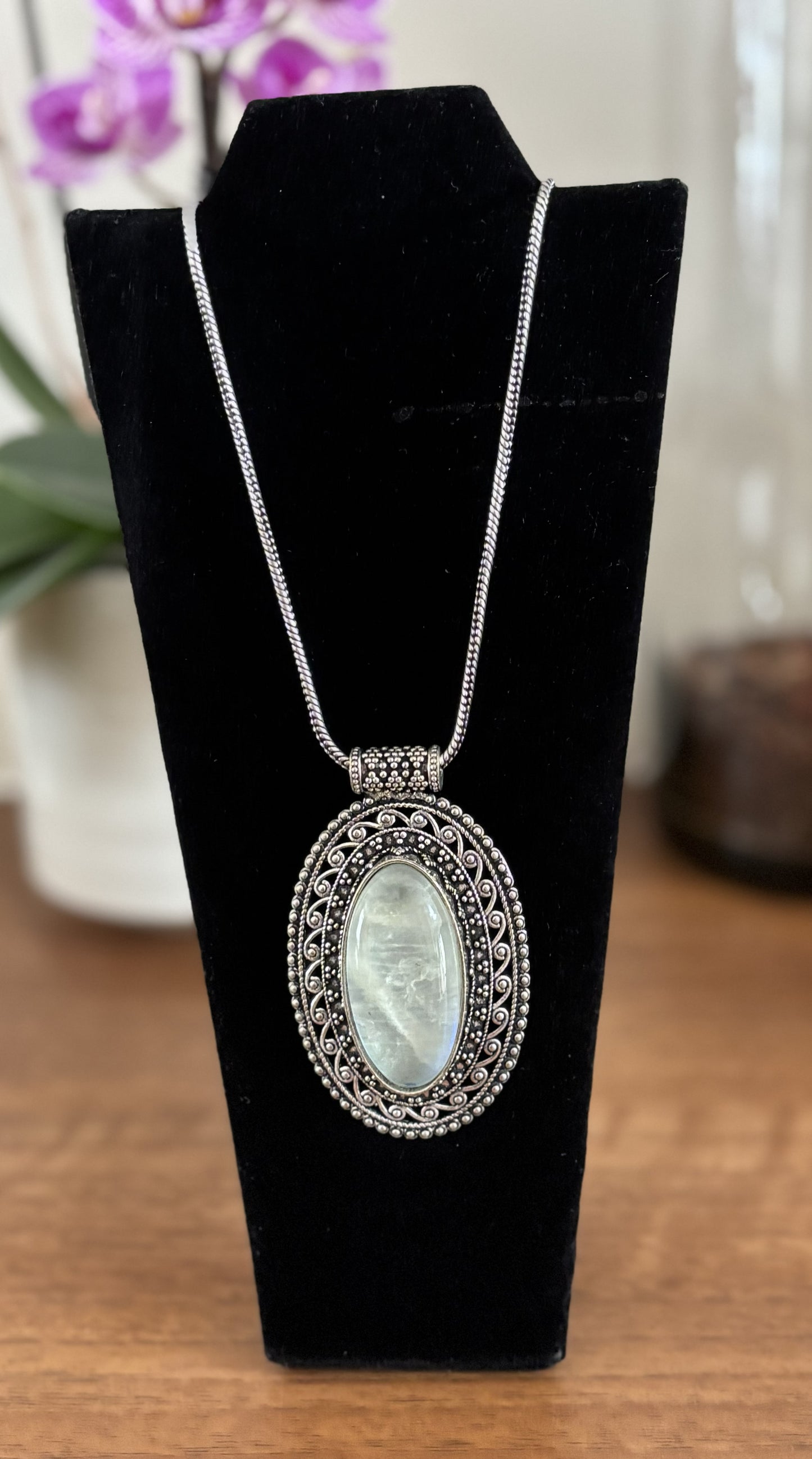 Large Oval Moonstone Pendant Necklace in Vintage Silver & Antique Gold