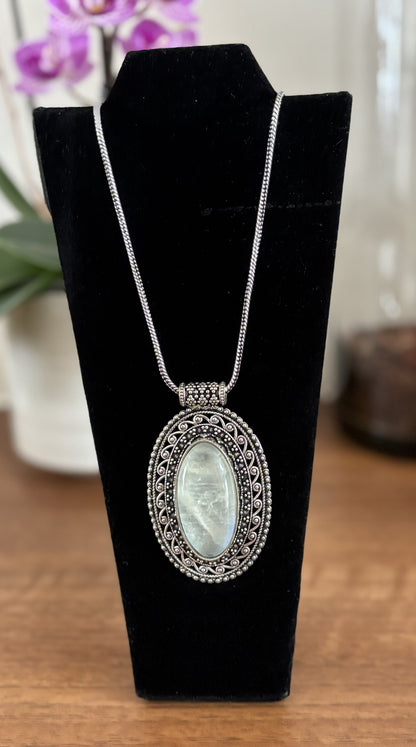Large Oval Moonstone Pendant Necklace in Vintage Silver & Antique Gold