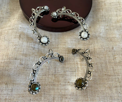 Boho Crescent Ear Cuff with Labradorite/Moonstone - Gold & Silver Ear Wrap