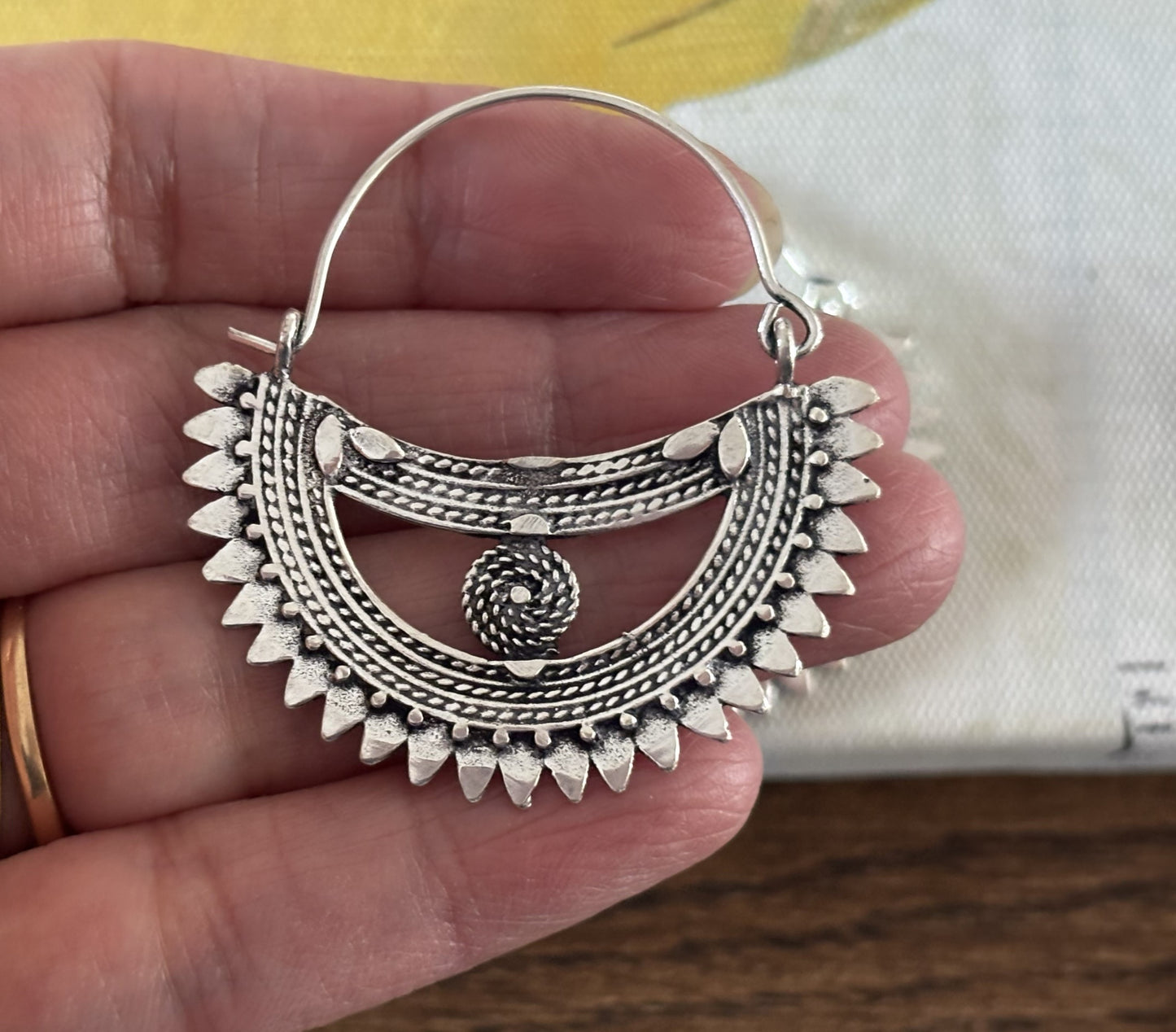 Handcrafted Bohemian Tribal Sunburst Brass Hoop Earrings – Gold & Silver Finish