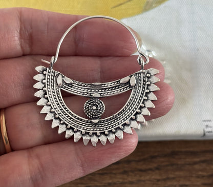 Handcrafted Bohemian Tribal Sunburst Brass Hoop Earrings – Gold & Silver Finish