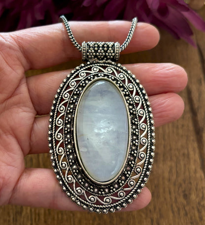 Large Oval Moonstone Pendant Necklace in Vintage Silver & Antique Gold