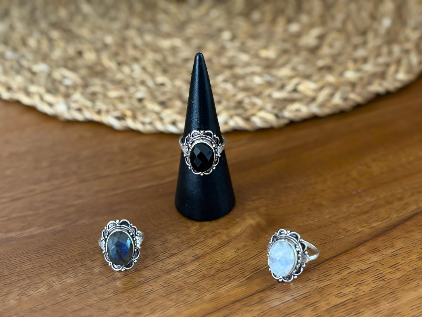 Vintage Oval Gemstone Adjustable Ring – Boho Statement Ring | Gold & Silver Finish