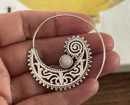 Bohemian Spiral Statement Earrings with Moonstone Accent