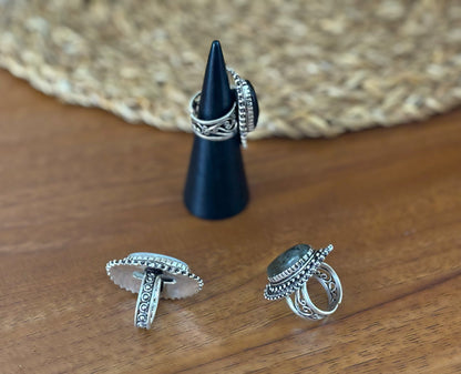 Boho Oval Gemstone Adjustable Ring – Gold/Silver Vintage Brass Statement Ring