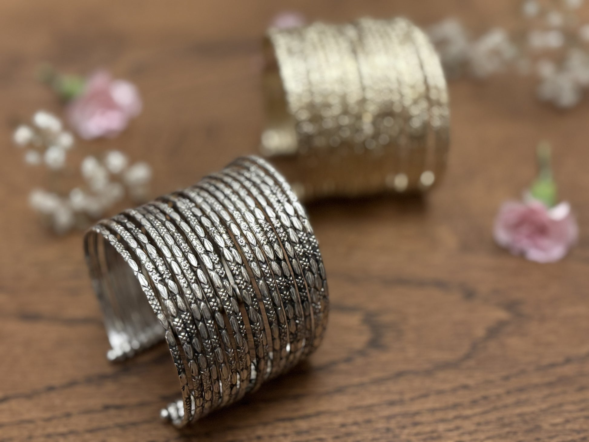 Hammered Gold/Sliver Finish Stack Cuff – Adjustable Brass Bangles Set..