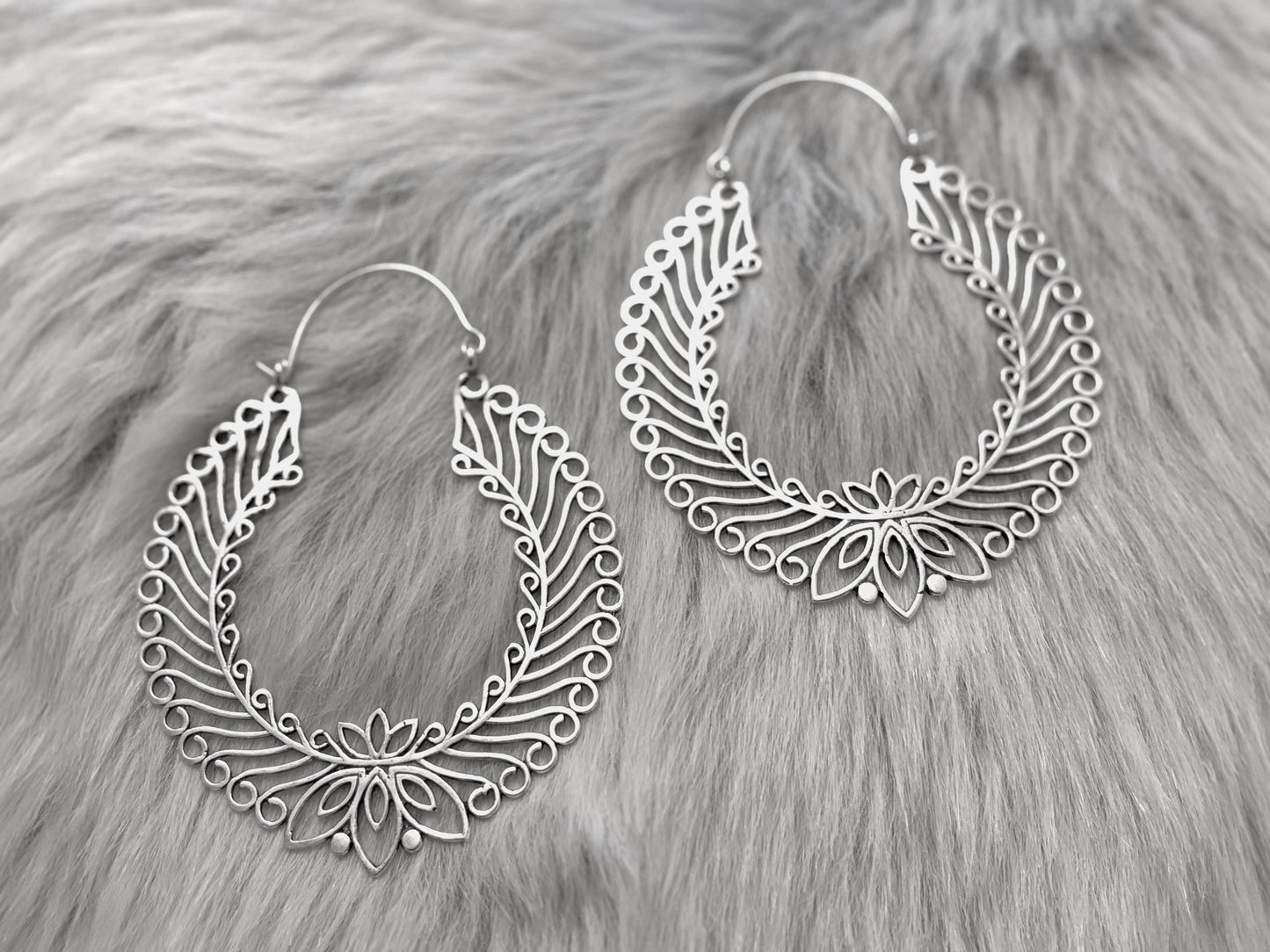 Golden/Sliver Lotus Filigree Hoops - Intricate Mandala-Inspired Brass Statement Earrings..