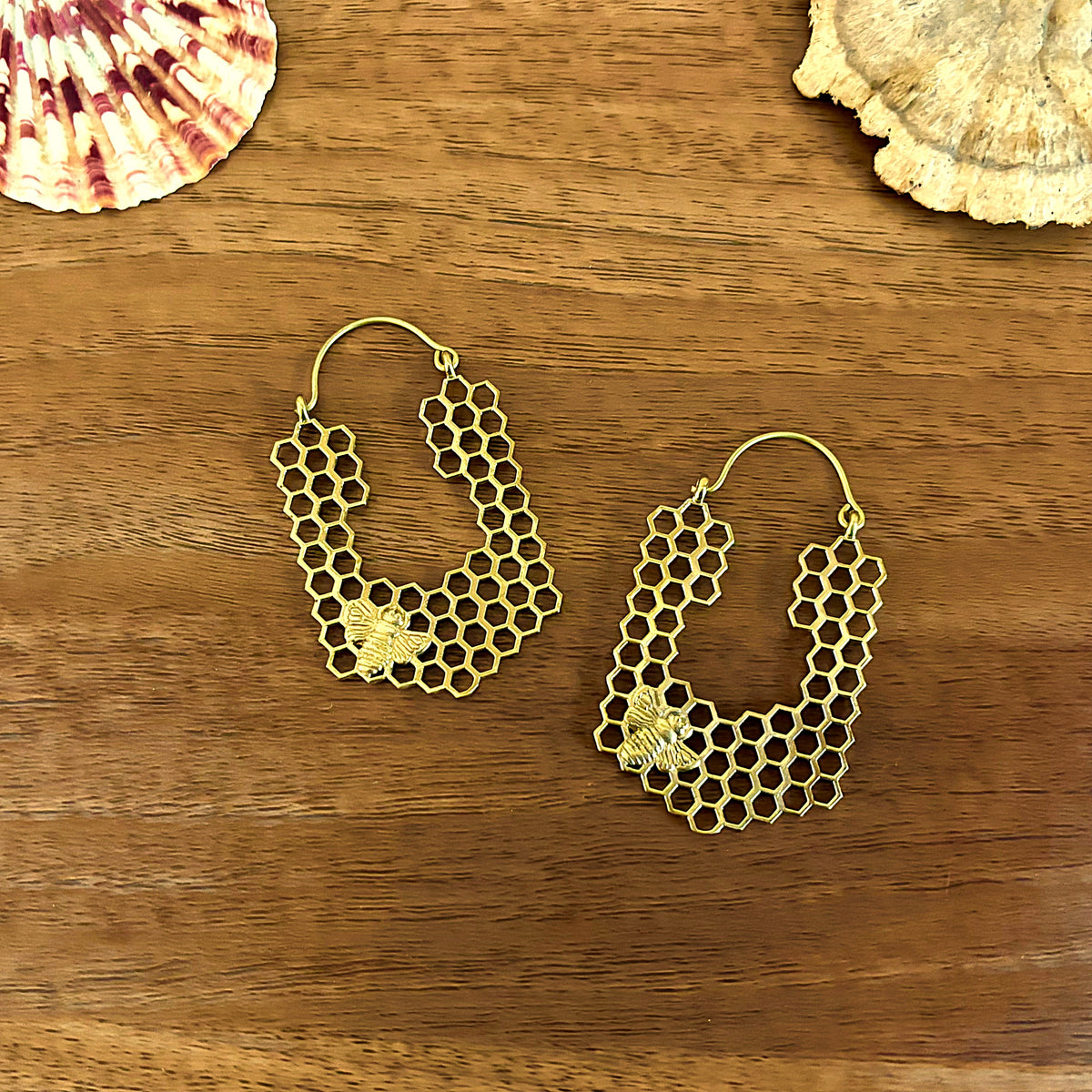 Honeycomb Bee Brass Hoop Earrings — Golden Hive