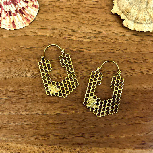 Honeycomb Bee Brass Hoop Earrings — Golden Hive