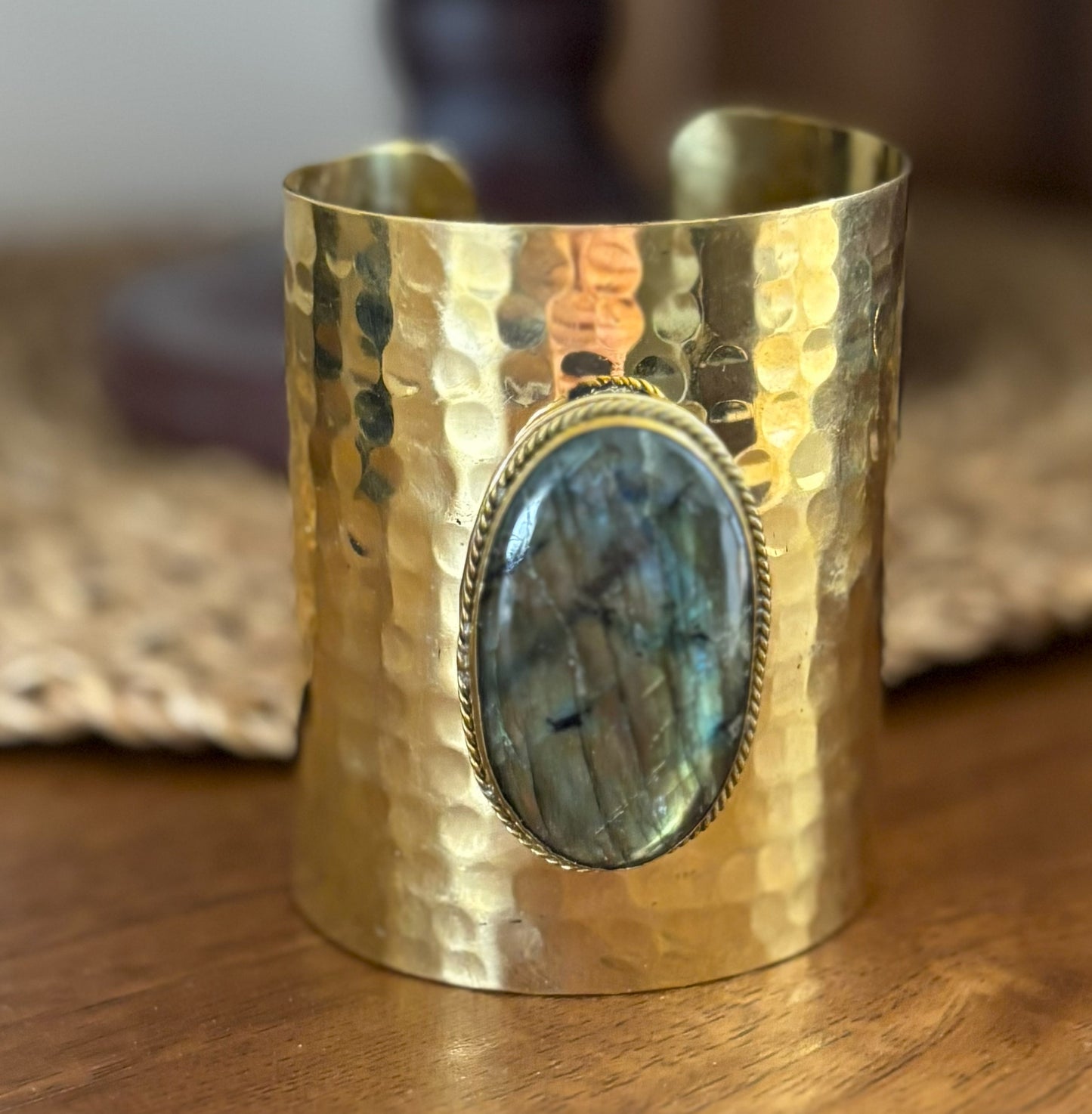 Adjustable Hammered Brass Cuff Bracelet with Labradorite Gemstone