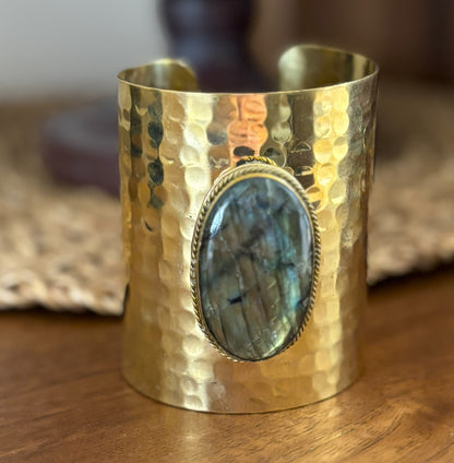 Adjustable Hammered Brass Cuff Bracelet with Labradorite Gemstone