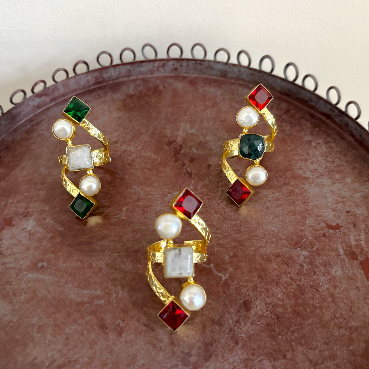 Natural Gemstone & Pearl Wrap Ring — Mughal Garden