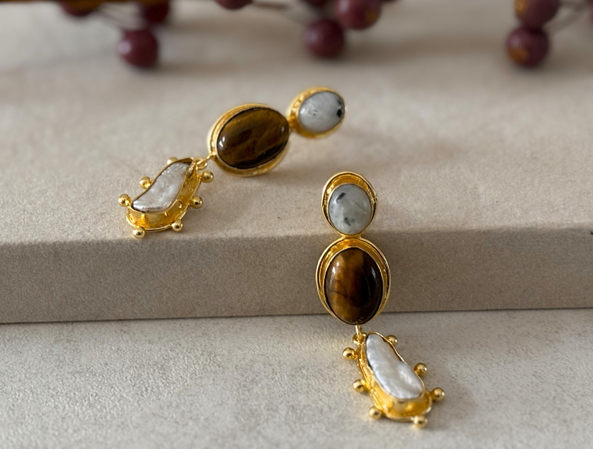 18K Gold-Plated Brass  Drop Earrings with Natural Gemstones.