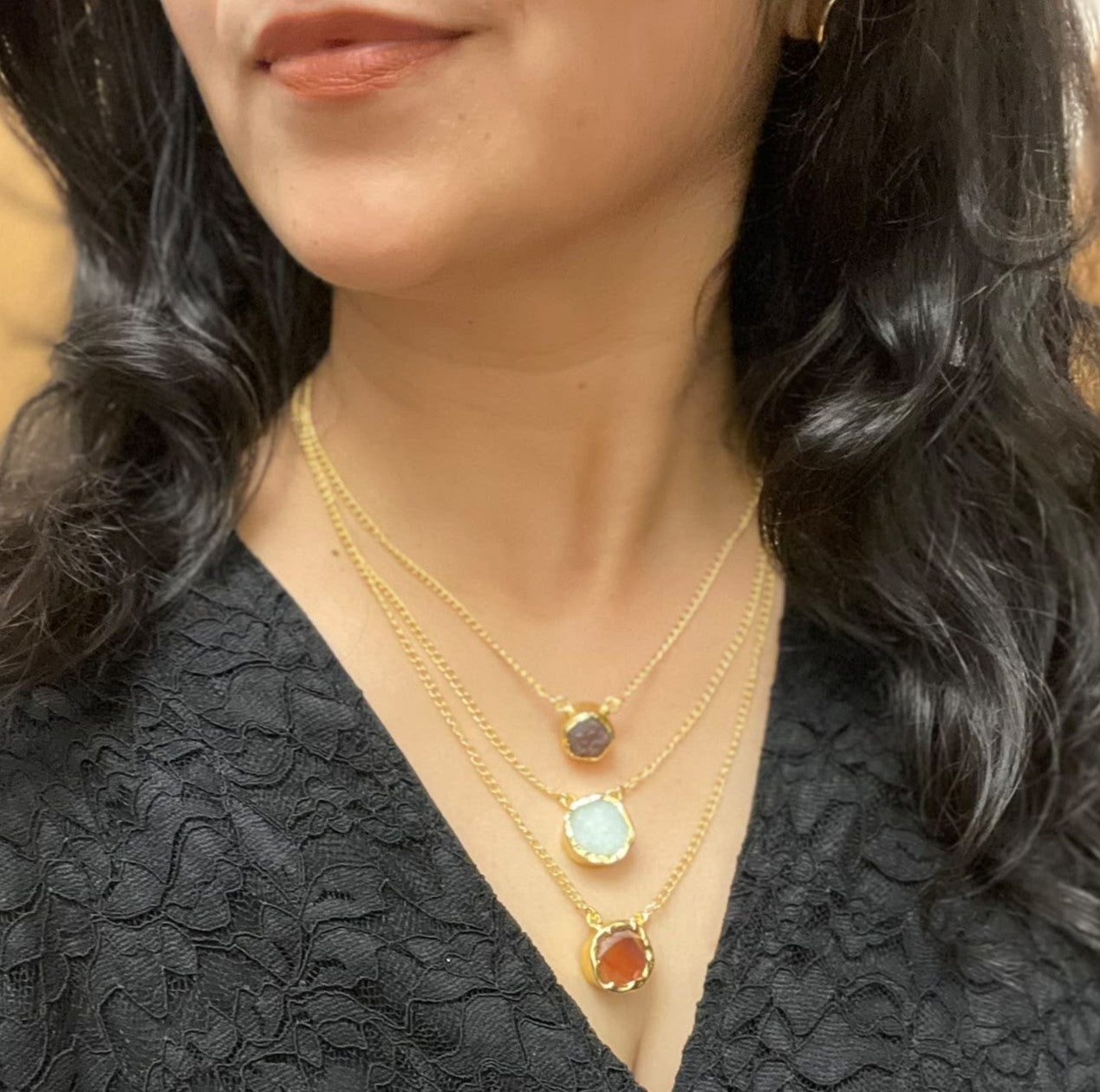 Handcrafted 18K gold-plated raw gemstone layered multi-stone necklace