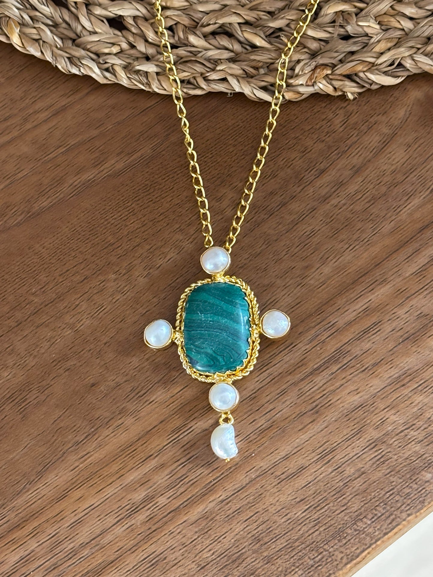 Handcrafted 18K Gold Plated Gemstone & Pearl Pendant.