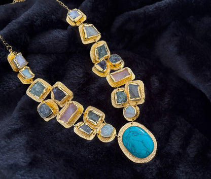 Boho Mantra Luxe Multi-Gemstone Statement Necklace – 18K Gold Plated