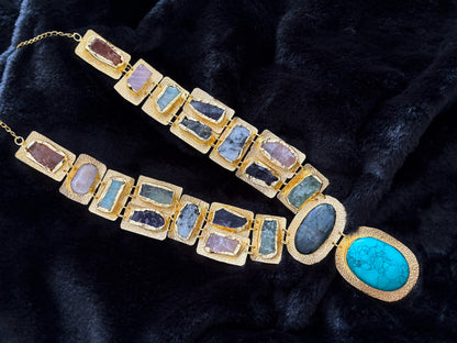 Boho Mantra Luxe Multi-Gemstone Statement Necklace – 18K Gold Plated