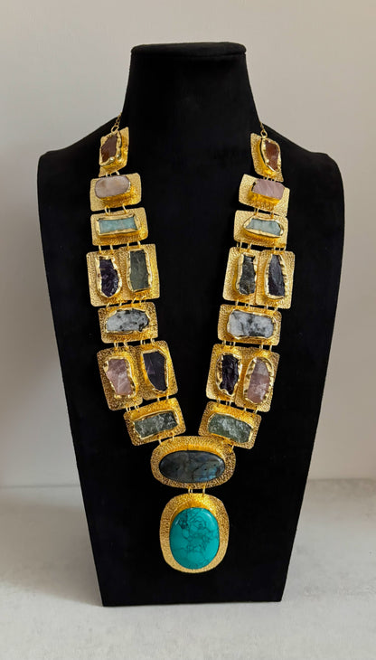 Boho Mantra Luxe Multi-Gemstone Statement Necklace – 18K Gold Plated