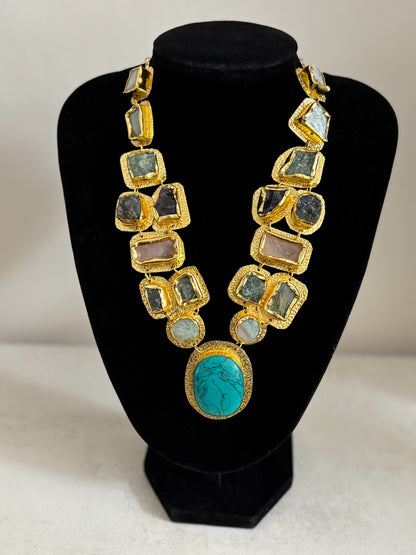 Boho Mantra Luxe Multi-Gemstone Statement Necklace – 18K Gold Plated