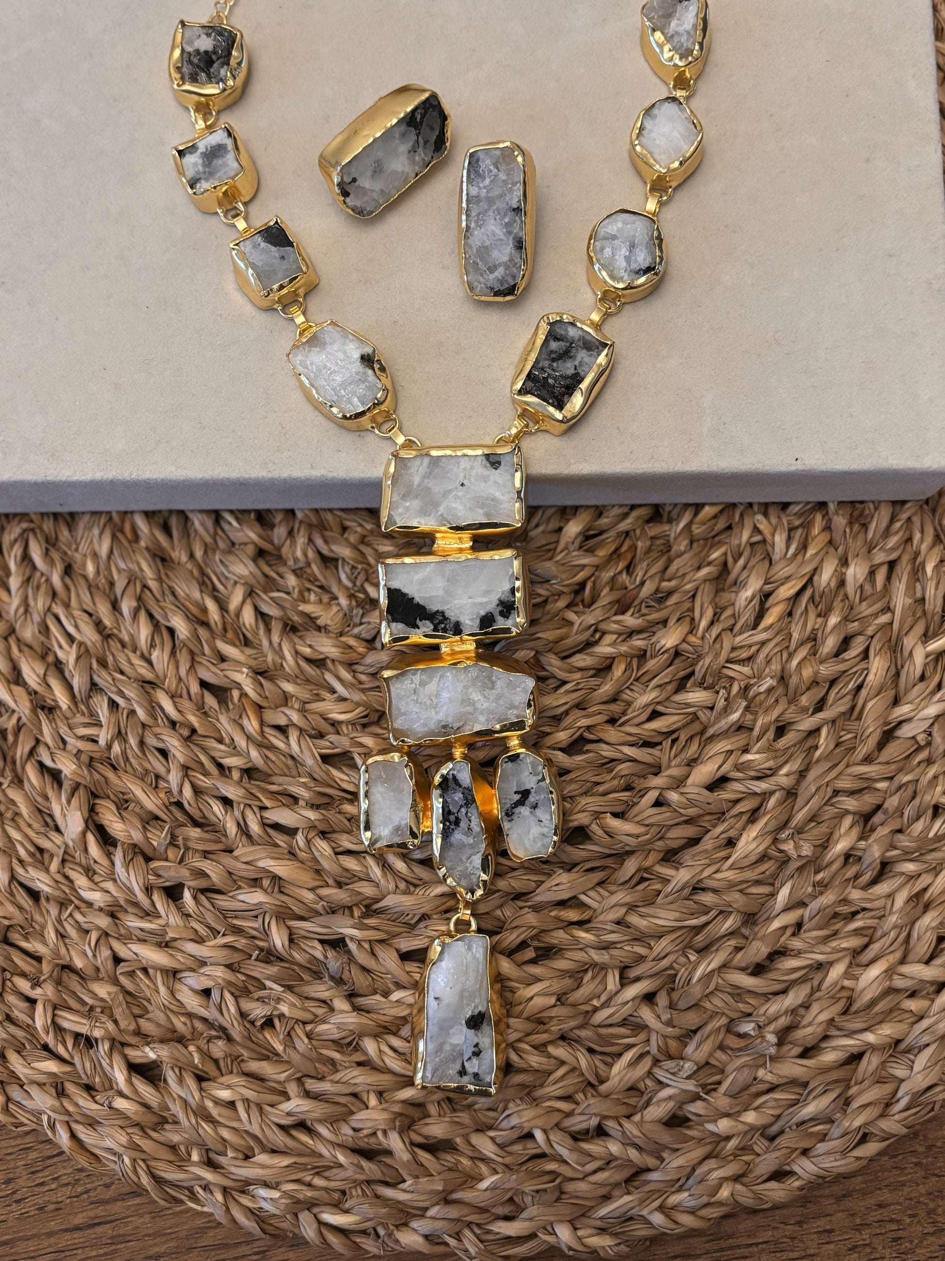 Raw Multi-Gemstone Statement Necklace & Earrings Set – 18K Gold-Plated jewellery Set..