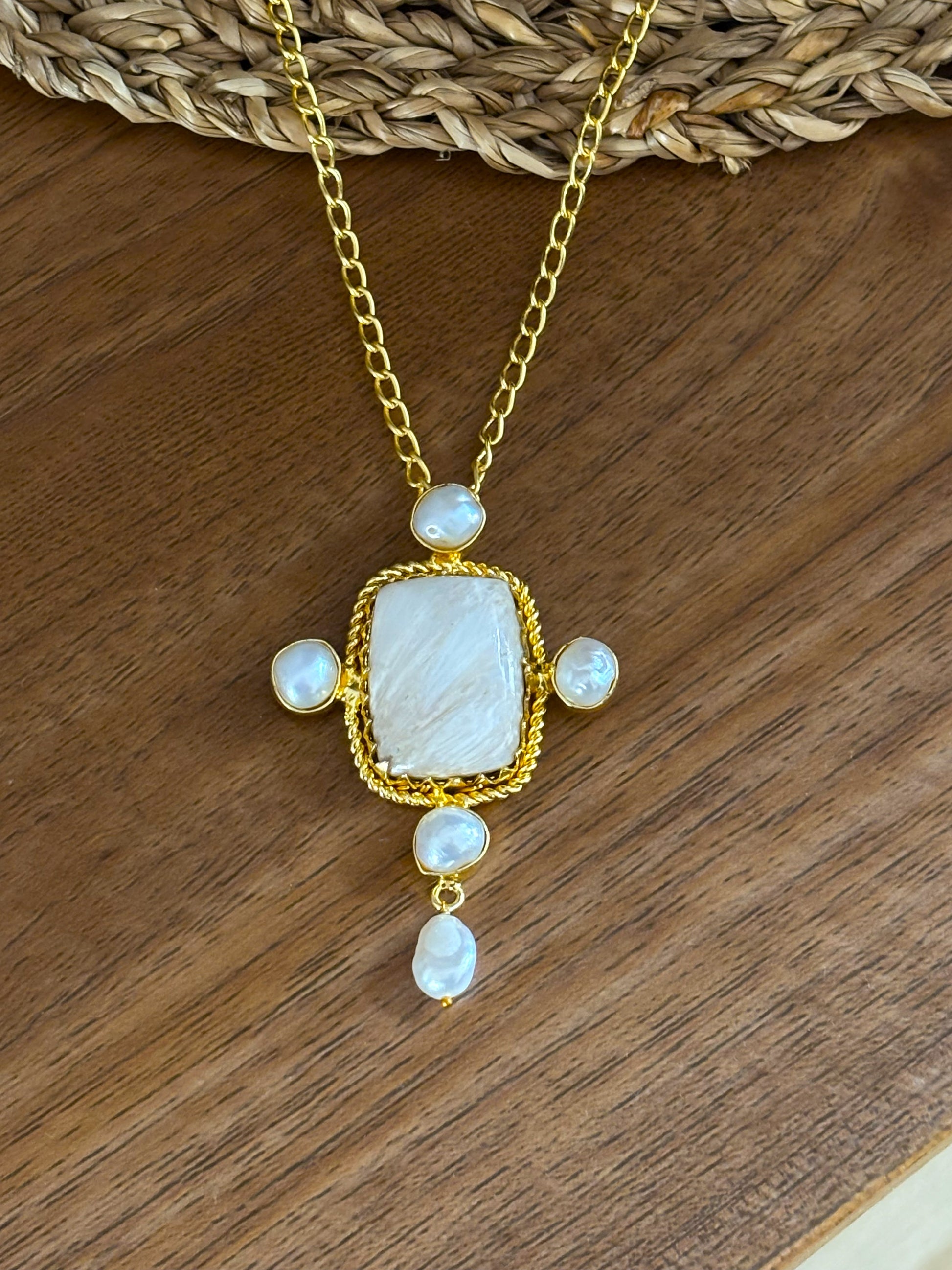 Handcrafted 18K Gold Plated Gemstone & Pearl Pendant.